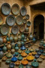 Traditional Moroccan ceramics crafted in an artisanal workshop. Various colorful, intricately designed pottery pieces highlight Morocco&rsquo;s rich heritage and skilled craftsmanship.