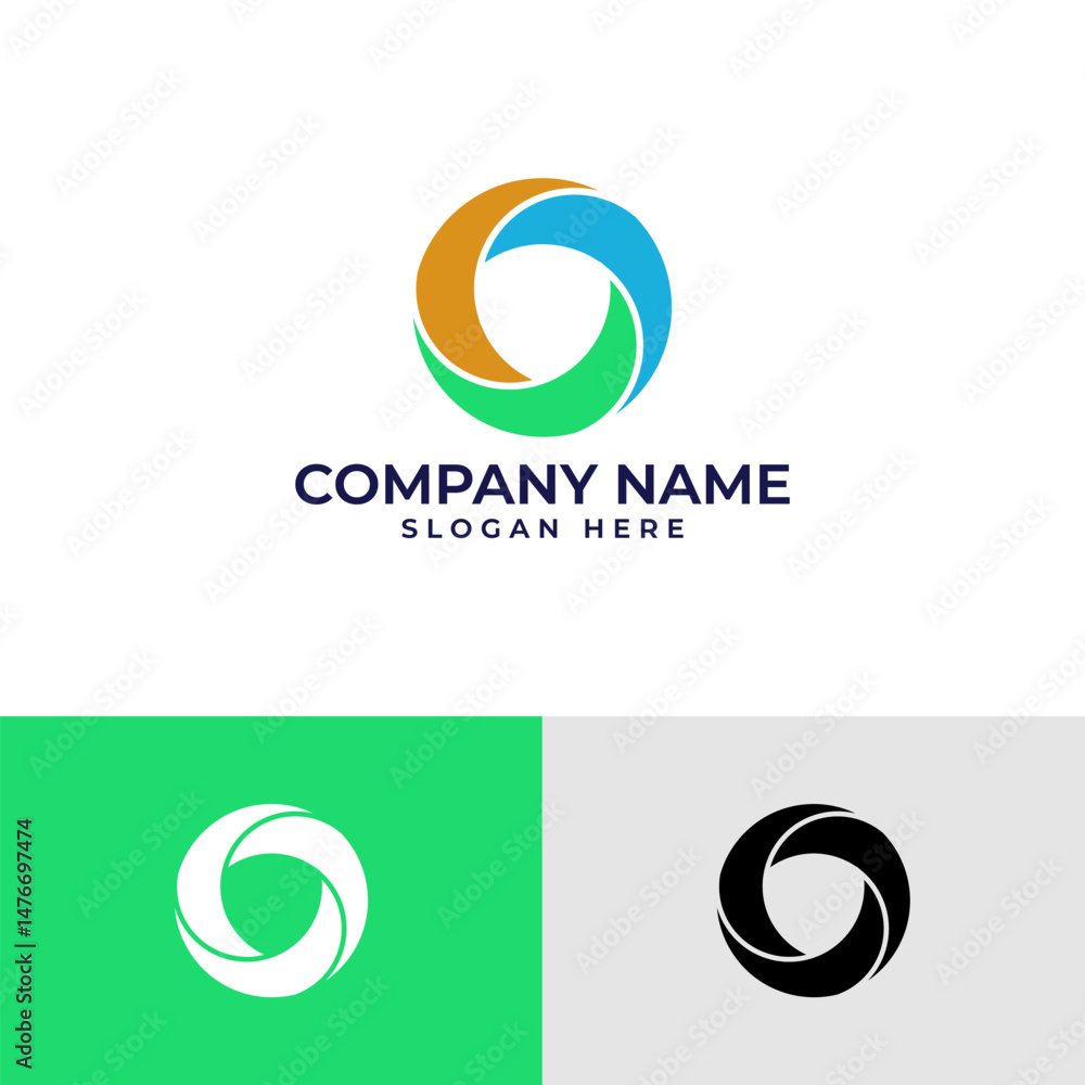 Poster abstract circular logo. features three interlocking, curved segments in shades of blue, green, orang