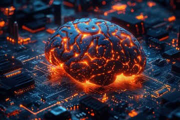 Intricate electronic brain glowing on circuit board in futuristic technology setting