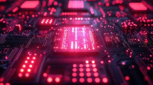 Futuristic technology background with glowing red circuit board elements