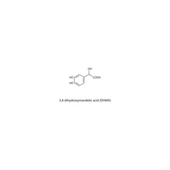 3,4-dihydroxymandelic acid (DHMA) skeletal structure. Intermediate metabolite of noradrenaline compound schematic illustration. Simple diagram, chemical formula.