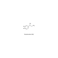 Noradrenaline (NA) skeletal structure. Neurotransmitter (catecholamine) compound schematic illustration. Simple diagram, chemical formula.