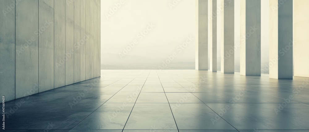 Poster minimalist concrete architecture interior with columns and tiled floor overlooking distant landscape