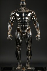 A dynamic, detailed statue of a muscular humanoid figure stands prominently against a dark background, its shiny surface and powerful pose exuding strength and craftsmanship.