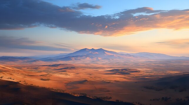 Scenic Valley with Distant Mountains Under Dramatic Sky at Sunset