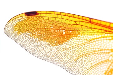 Golden Dragonfly Wing Macro Detail Isolated on White Background, Insect Wing Anatomy