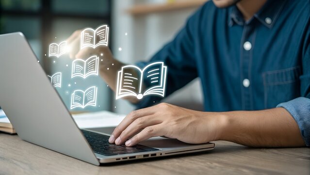 E-library and E-learning Concept, Person using laptop with virtual E-Book icons for online knowledge Base, Digital library, Access electronic books on Internet. Course education. Webinar technology.