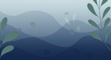 Muted blue mountains background with delicate leaves