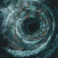 A swirling, cartoonish vortex, reminiscent of a whirlpool or hurricane, dominates the dark, stormy sky, with a washed-out effect and muted colors suggesting turmoil and chaos.