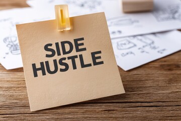 Sticky note with "SIDE HUSTLE" written on it, clipped to papers with sketches, on a wooden desk.