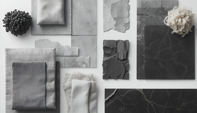 A sophisticated architect's moodboard in monochrome tones, featuring textured fabric swatches, matte black paint samples, sleek lamella wood panels, and geometric tiles arranged in an elegant flat lay