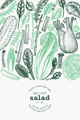 Green Vegetable Design Template. Vector Hand Drawn Healthy Leaf Salad Banner. Vintage Style Menu Illustration.