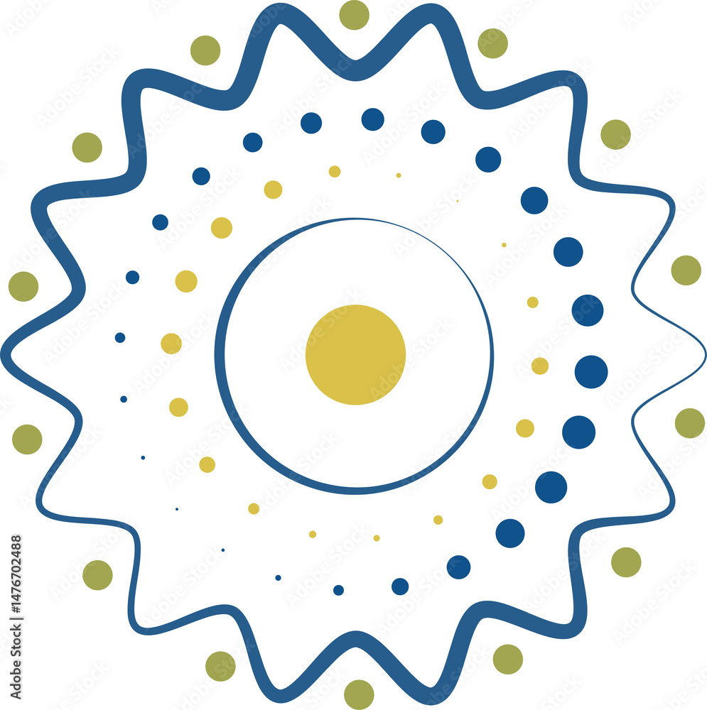 Poster unique design featuring a central circular shape radiating asterisks and dots in vibrant colors for 