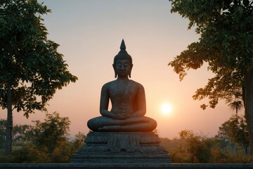 Fototapeta premium Serene Buddha Statue at Sunset: Peaceful Garden Scene