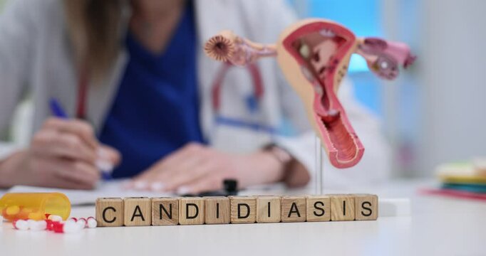 Female doctor writes prescription for Candidiasis treatment in medical office. Reproductive system anatomical model put on table in clinical setting