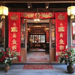 Entrance of a traditional Chinese building decorated with red banners, hanging lanterns, and intricate carvings during a festive occasion. Generative by AI.