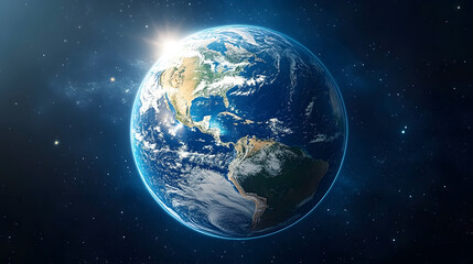 Fototapeta premium Our blue planet Earth and its moon are seen from space, a luminous globe with stars and an atmosphere against the night universe