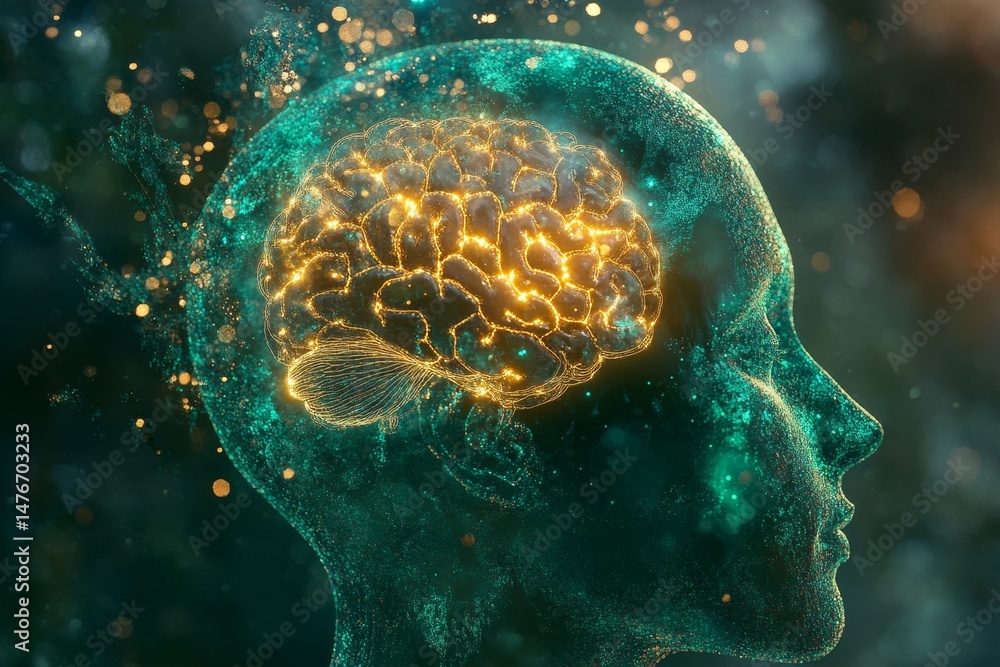 Poster abstract digital rendering of a human head with a glowing brain.