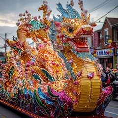 Vibrant parade float with colorful dragon and floral decorations moving past traditional architecture during a celebration. Generative by AI.
