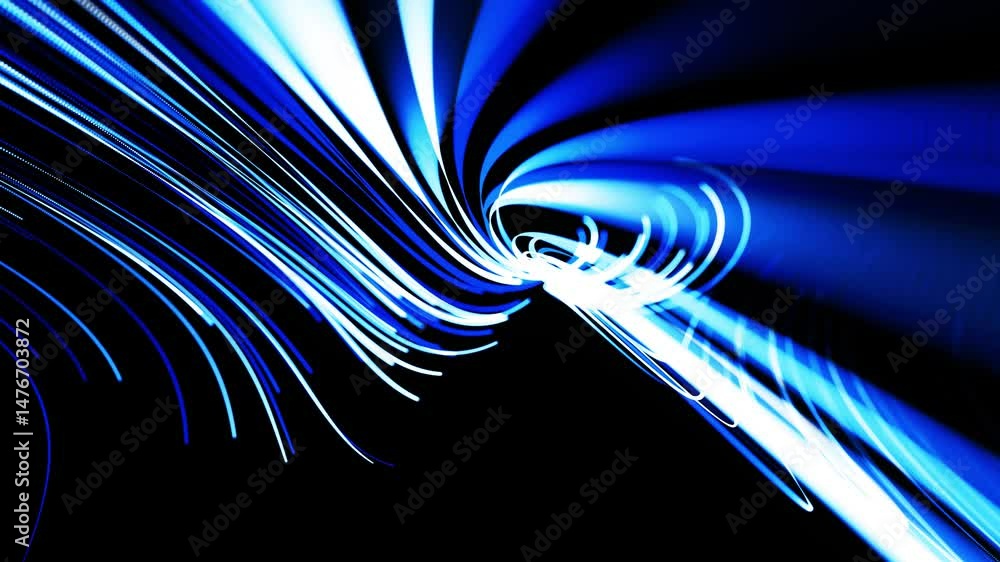 Poster abstract looped background in 4k with blue light streaks, light and bokeh effects. neon lines made o