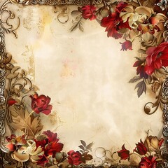 A vintage-style invitation card features intricate floral designs on a beige background, with realistic flowers and leaves spilling over the edges, creating a sense of abundance and elegance.