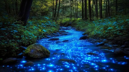 Obraz premium Enchanting Bioluminescent Stream Flowing Through Lush Green Forest at Night with Glowing Blue Lights and Sparkling Water