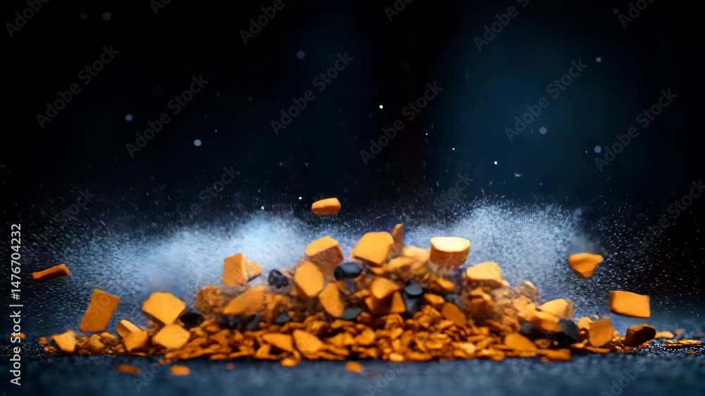 Poster explosive abstract: a dynamic explosion of golden fragments, highlighted against a dramatic dark bac