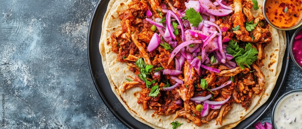 Aufkleber overhead close up of chicken tinga tostadas with red onion and cilantro on gray background with sauc