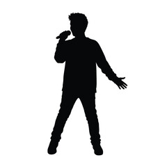 Silhouette of a male singer performing with a microphone on a white background