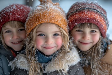 Children enjoy snowy day together wearing colorful hats while playing outdoors in winter wonderland