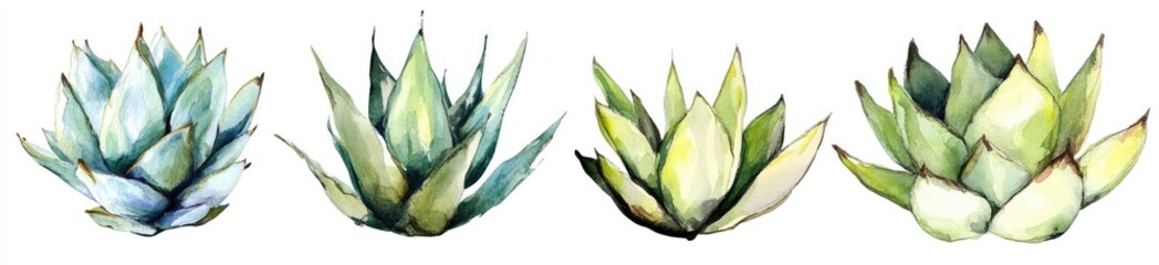 Naklejka premium Watercolor agave plants in various shades of green and light blue