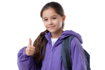 Young Scholar's Thumbs-up: A cheerful young student, adorned in a stylish jacket and a backpack, gives a thumbs-up, conveying confidence and enthusiasm for her studies and future.
