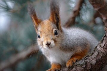 Fototapeta premium Adorable Eurasian Red Squirrel on a Branch: A Close-Up Portrait