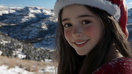 Fototapeta premium Young Woman Smiling in Santa Hat and Red Sweater in Winter Landscape