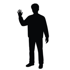Silhouette of a man with arm raised giving a greeting or waving gesture