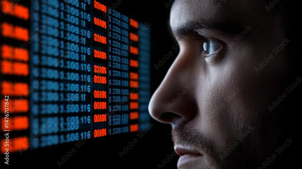 Poster deep in the digital realm: a focused individual intently studies complex data, navigating the intric