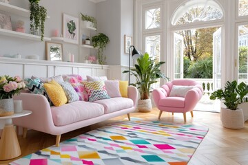 A bright and colorful living room with geometric patterns, white walls, wooden furniture, plants on shelves, a striped rug under the sofa