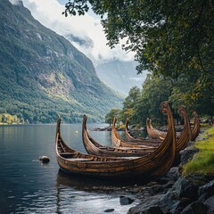 Row of Viking-style wooden boats with carved prows anchored in a misty fjord surrounded by steep mountains. Generative by AI.