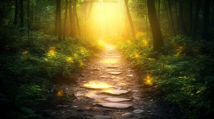 Obraz premium Illuminated Forest Path with Radiant Sunlight Bursting Through Trees in a Lush Green Environment Creates Tranquil Nature Scene