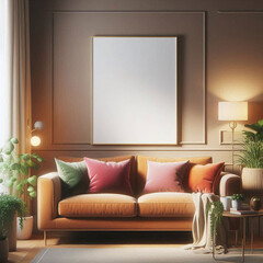 modern living room with fireplace and blank frame photo