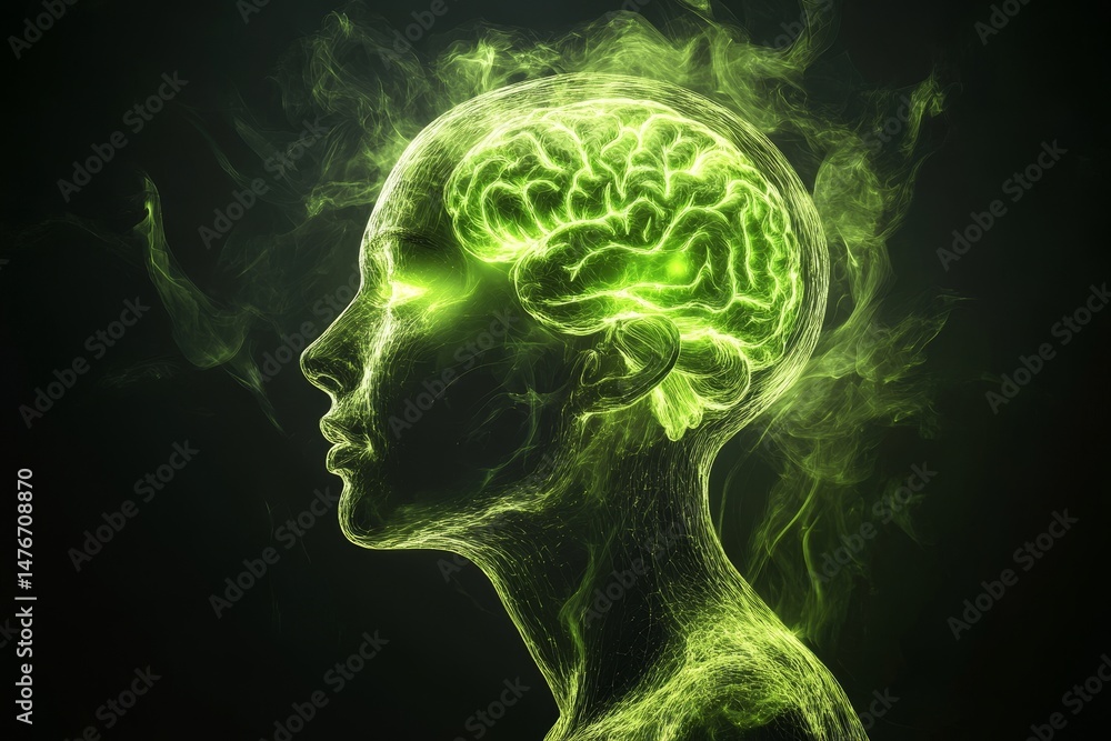 Poster abstract representation of a head and brain in a luminous green light.