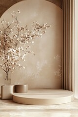 Beige minimalist display podium with cherry blossom