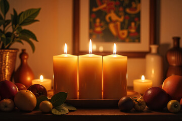 Candles and fruits on table in warm, cozy setting