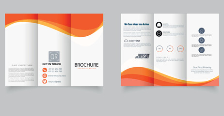 Orange trifold brochure with shapes, waves. Ready Brochure. Editable image.