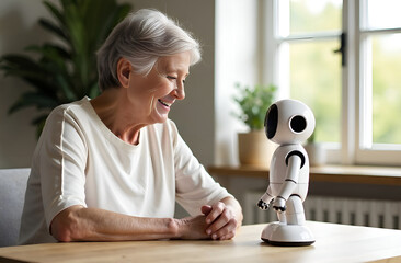 An older woman sits at a table and looks at an electronic robot, she gets acquainted with modern technologies and wireless accessories for the home