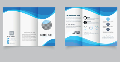 Modern Corporate Trifold Brochure Template with Blue Wave Design. A clean and professional trifold brochure template featuring a modern blue wave design