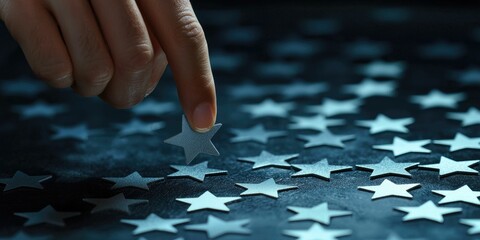Close-up of a hand swiping through star reviews on a mobile app