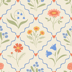 Hand drawn floral seamless pattern with a charming coquette whimsical lattice design. Soft, pastel, and nostalgic, perfect for textiles, wallpaper, wrapping paper, and romantic vintage-inspired decor.