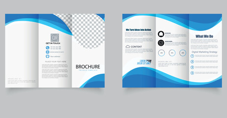 Modern Corporate Trifold Brochure Template with Blue Wave Design. A clean and professional trifold brochure template featuring a modern blue wave design