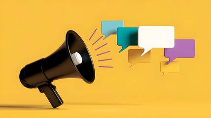 Announcement with Megaphone: Black Megaphone with Speech Bubbles, Ideal for Marketing, Advertising, Communication, and News Themes